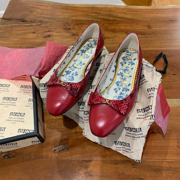 GUCCI Genuine Snakeskin Trim Ballet Flat 38.5 8.5 red - Picture 13 of 16